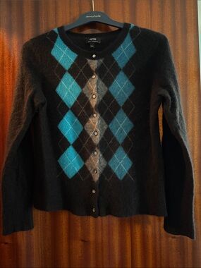 Apt. 9 Black Cardigan with Teal and Gray Argyle